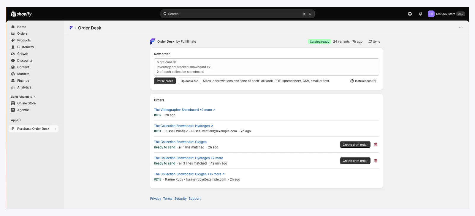 The app open inside the Shopify admin: a New order box with a pasted purchase order, and a list of orders ready to send or already created as draft orders.