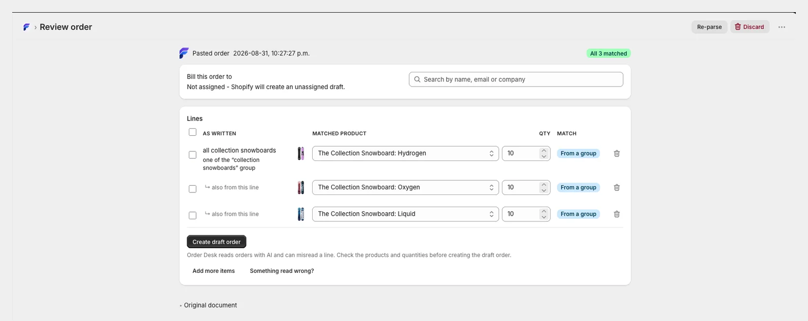 Review screen: one written line, "all collection snowboards", matched to three products, each marked From a group.